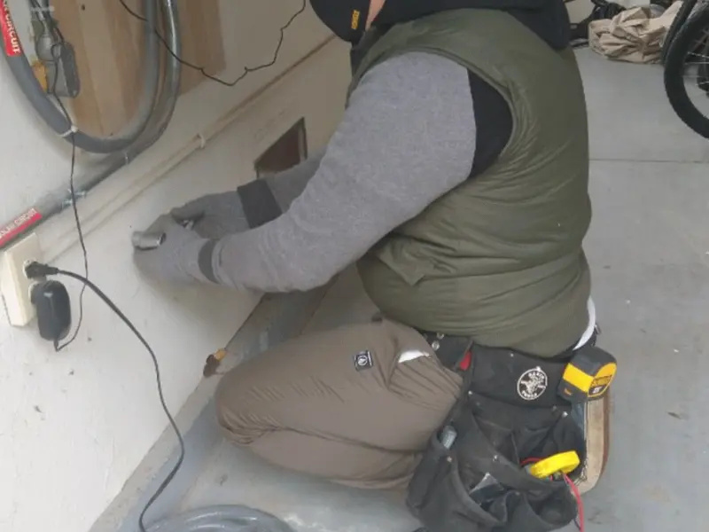 Electrician performing outlet wiring in a Dodge City garage